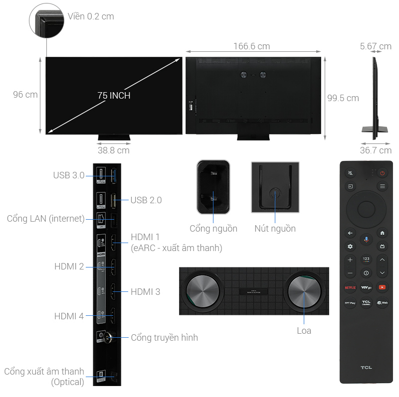 Model Google Tivi QD-Mini LED TCL AI 4K 75 inch 75C7K